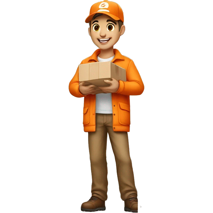 Delivery boy, full body, light skin tone, wearing orange cap and orange jacket, kerry delivery company uniform loading a package without background and say on that table emoji