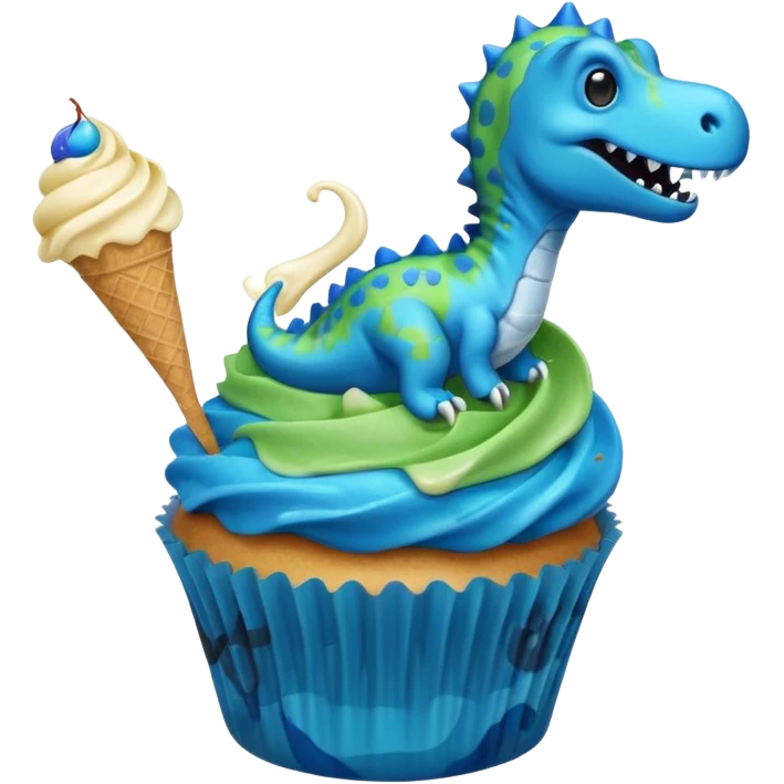 A cupcake having blue and black icing and a dinosaur as a decoration and ice cream next to it emoji