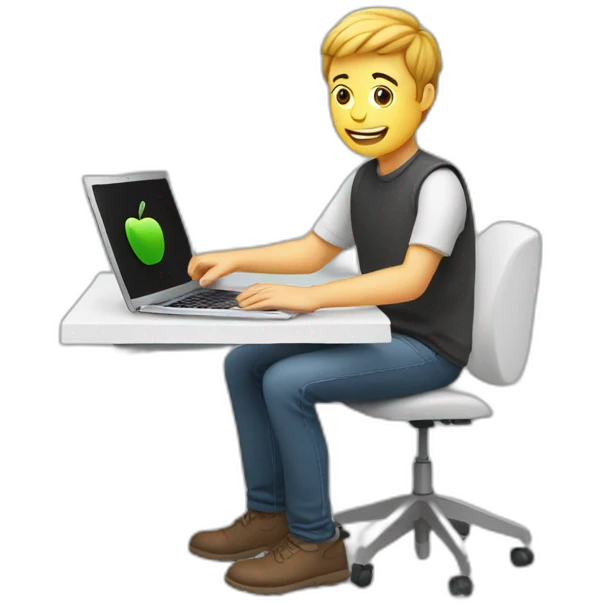 white video editor man using small apple laptop on side emoji
