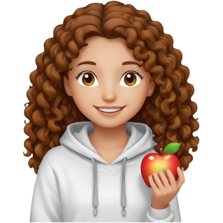 Una ragazza con una felpa semplice bianca,ha gli occhi marroni,i capelli marroni  , c’è gli ha lunghi e ricci  e ha le ciglia lo stile dell immagine deve essere  stile emoji apple emoji