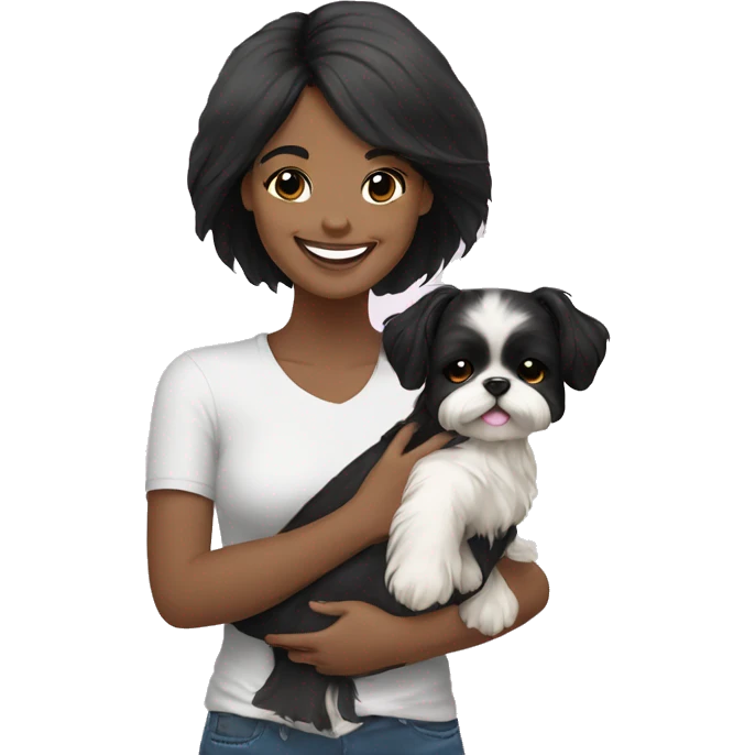 happy black hair girl carrying happy Shih Tzu emoji