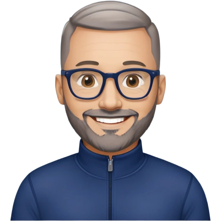 40-year-old light-skinned man with almost buzzcut haircut, short gray beard, large black-framed glasses, smiling face, wearing a navy blue zip-neck long sleeve athletic shirt emoji