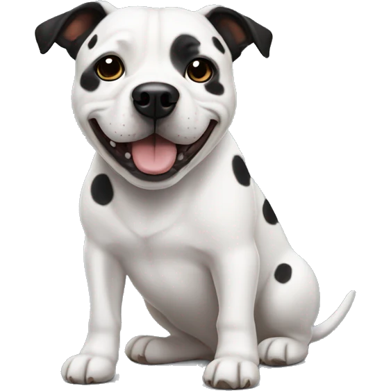 staffy dog with black ears, white face and has spots on his mane. it has its tongue poking out and is enjoying life  emoji