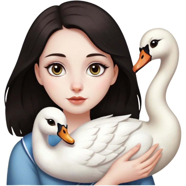 Girl who looks like Lana del Rey with dark hair, dark brown cat eyes, pale skin, with jewish nose, holding a swan emoji