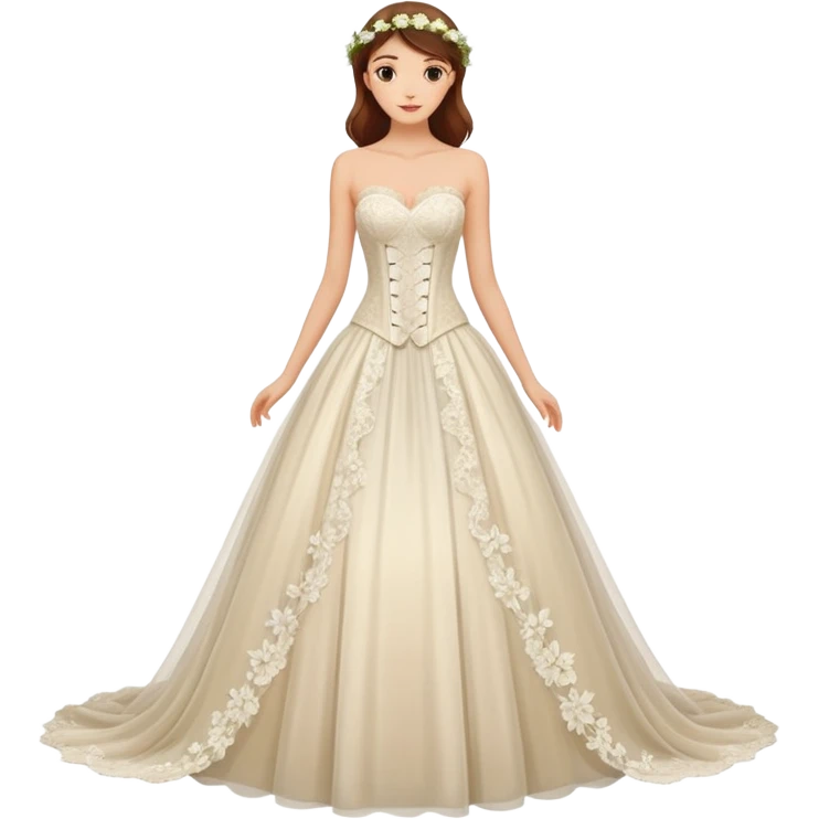A romantic strapless A-line wedding gown with a sheer lace corset bodice and flowing floral applique skirt. emoji