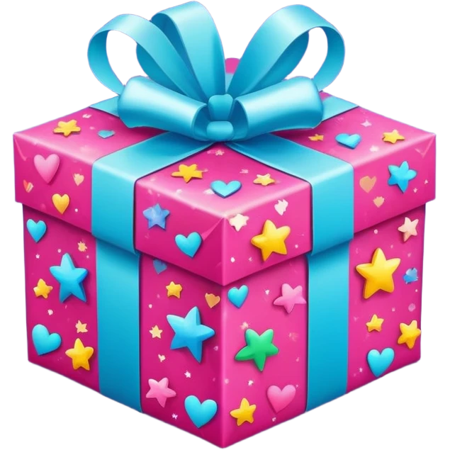 cute gift box with sparkling stars and hearts, smiling wrapping paper, vibrant colors, joyful and romantic mood emoji