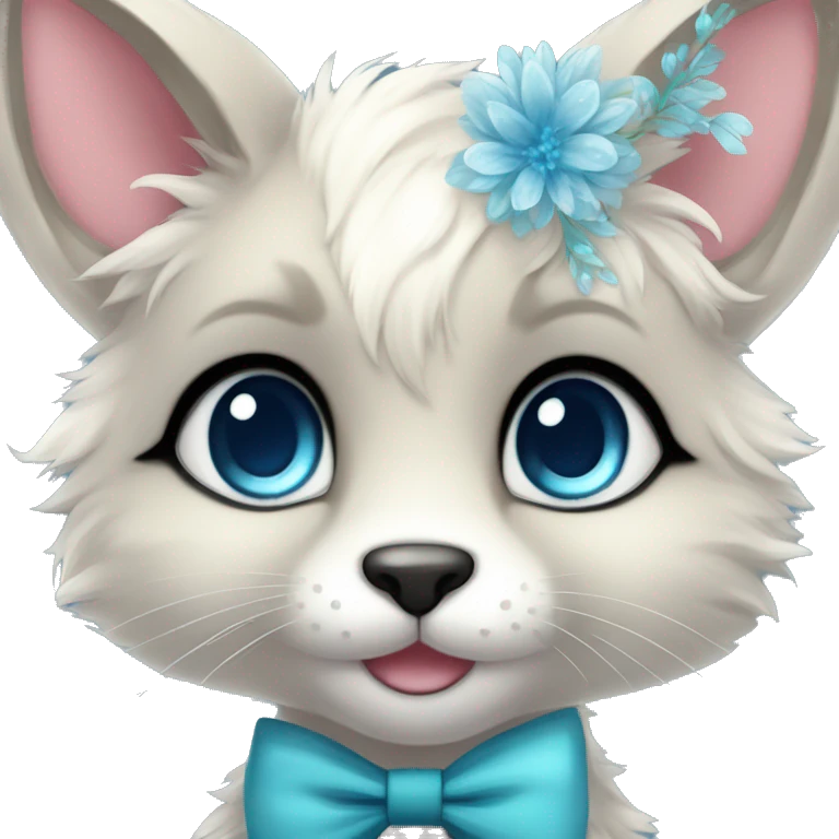 Anthro Cute Cool Kawaii gorgeous sparkly ethereal fantasy animal creature with blue eyes furry sona with flowers and bow tie beautiful aesthetic emoji