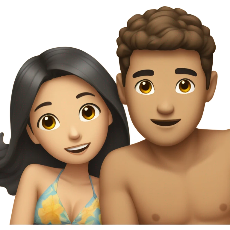 asian girl laying on the beach with brown haired boyfriend  emoji