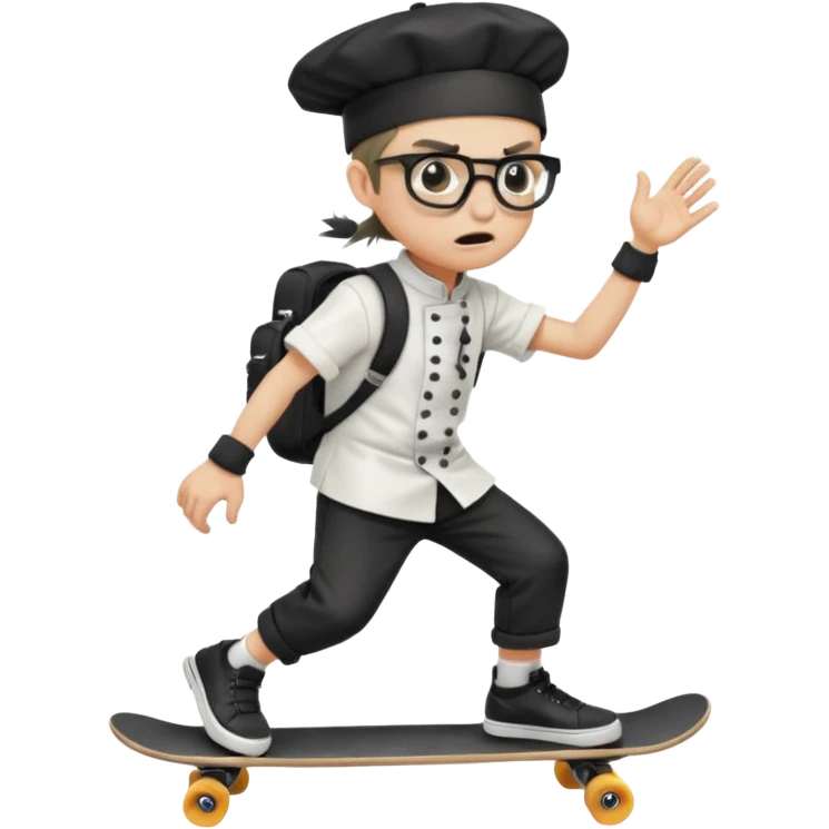 ["An angry boy , ponytail, wearing a chef hat and square glasses, dressed in goth fashion, is skateboarding while holding a backpack."] emoji