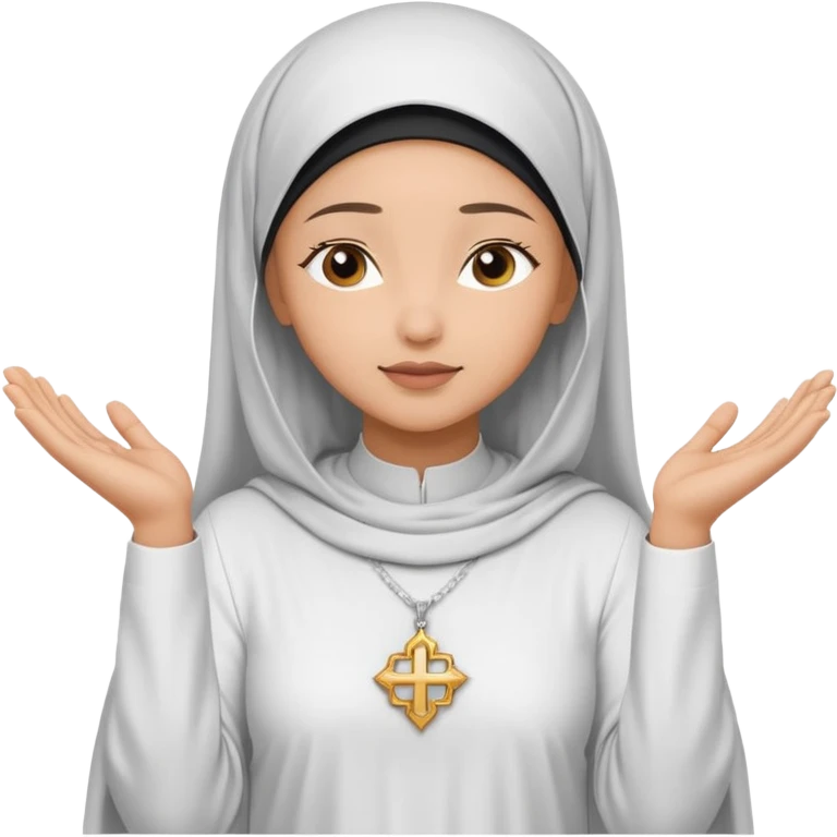 Light skin Muslim woman in plain white abaya side profile praying on silver prayer mat  holding up hands to god emoji