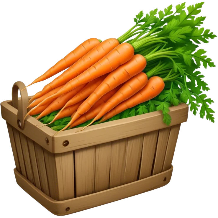 Cinematic vibrant orange carrot, crisp and fresh, slightly twisted with green leafy tops, arranged in a rustic wooden basket, natural and inviting. emoji