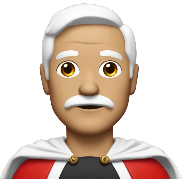 50 year old man with white temples but with black hair and black mustache wearing a red cape with a white super suit with a great red letter O in his chest  emoji