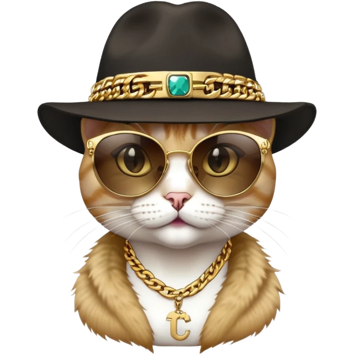 female cat head and shoulders wearing Run DMC hip-hop outfit, fedora, dark sunglasses, many gold chains, bling accessories emoji