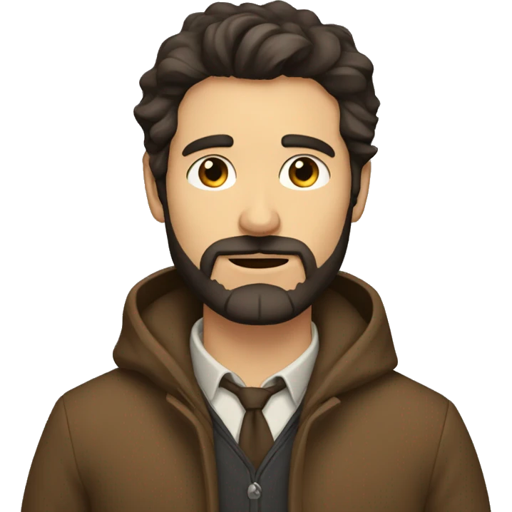 Man with very dark brown hair, tired eyes and scruffy beard wearing a brown coat emoji