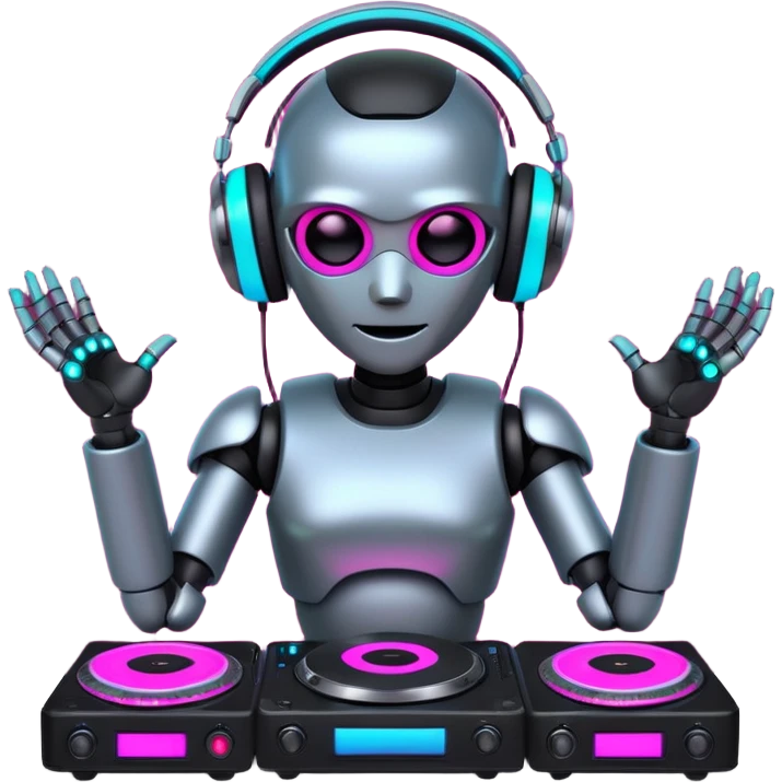 Robot DJ with bright glowing neon pink and neon green lights around turntables, wearing black with neon blue glowing headphones, 8k emoji