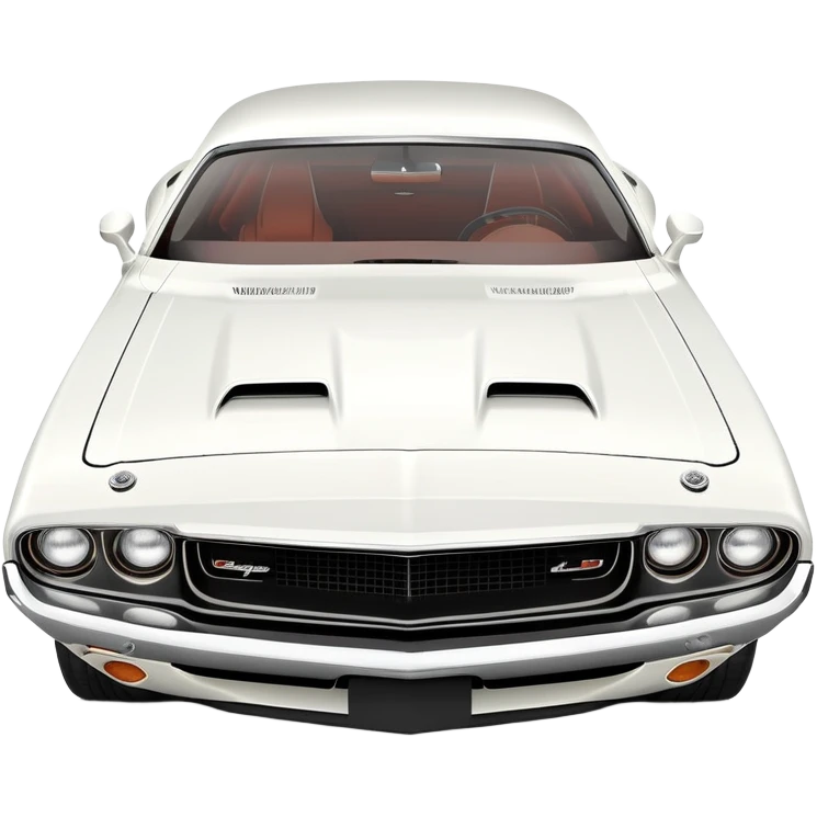Elegant white 1971 Dodge Challenger muscle car, precise 30-degree perspective view, showing detailed front fascia and profile, clean lines, completely white exterior, iOS emoji style emoji