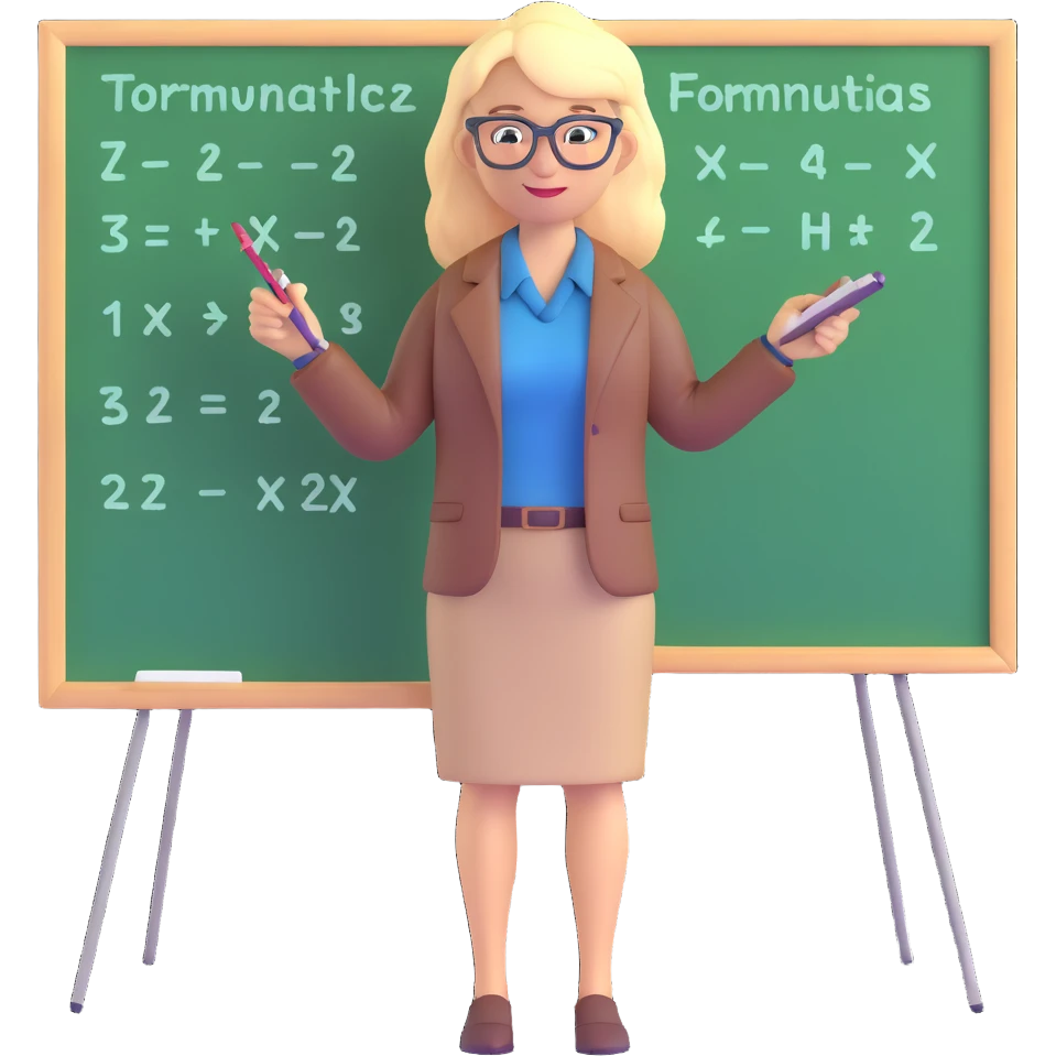 strict blonde math teacher with glasses standing by a board with formulas emoji
