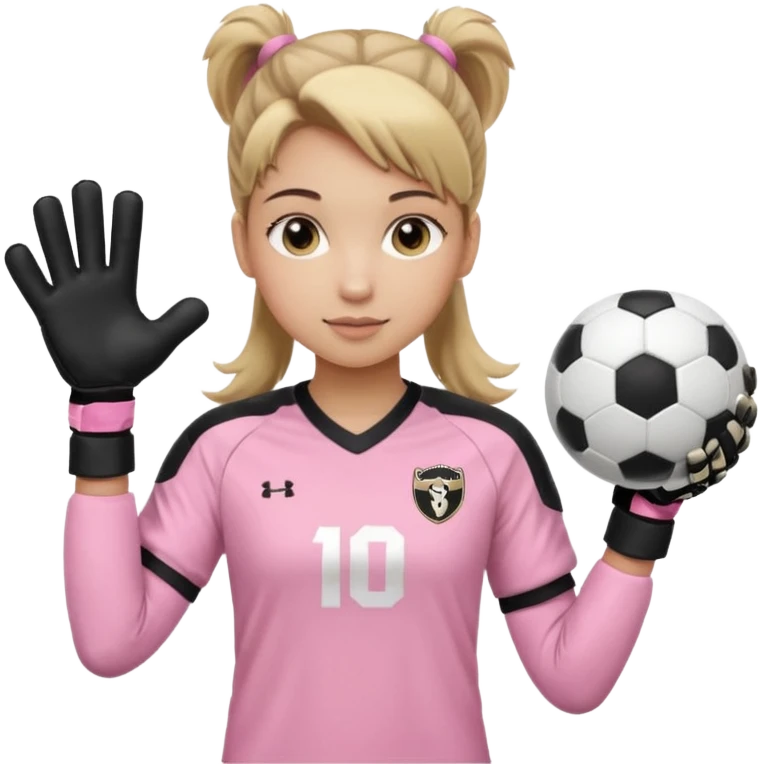 Make a dirty blonde football goalkeeper with goalkeeper gloves on holding a regular  The girl is light skinned and wearing a light pink football. Wearing a ponytail on back of head. Make it without the whole body. With full sleeves. WITHOUT A RUGBY BALL JUST REGULAR BLACK AND WHITE BALL. emoji