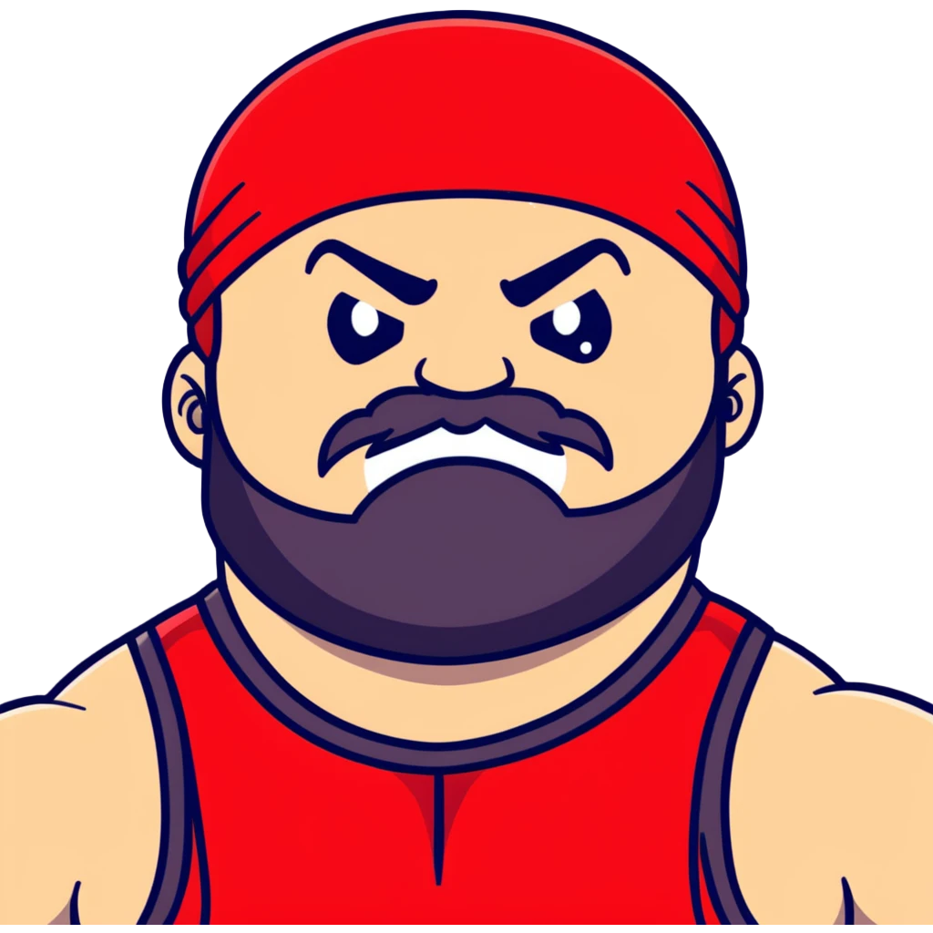 Close-up of very fat white skin guy with young face, beard and mustache, no muscle with prominent black durag, black eyes in a red and black wrestling singlet with angry face emoji