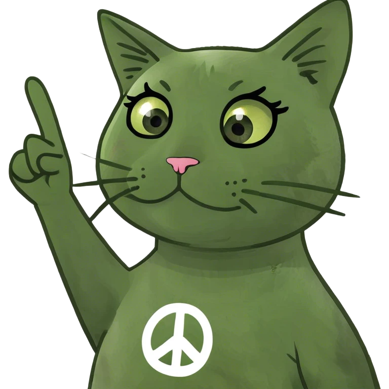 A cat with long eyelashes holding a peace sign emoji