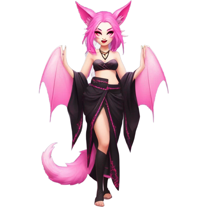 Full body female, succubus kitsune, neon pink eyes, vibrant pink hair, alabaster skin, fluffy black tails, pink tail tips, spiked choker, unique heritage, seductive charm, rebellious spirit, traditional kimonos, spiked anklets, and Barefoot 
 emoji