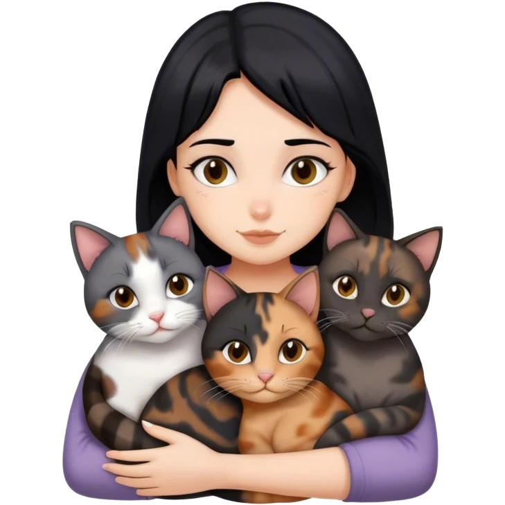 girl with black hair hugging three cats  (tortie cat, full gray cat, brown calico cat) emoji