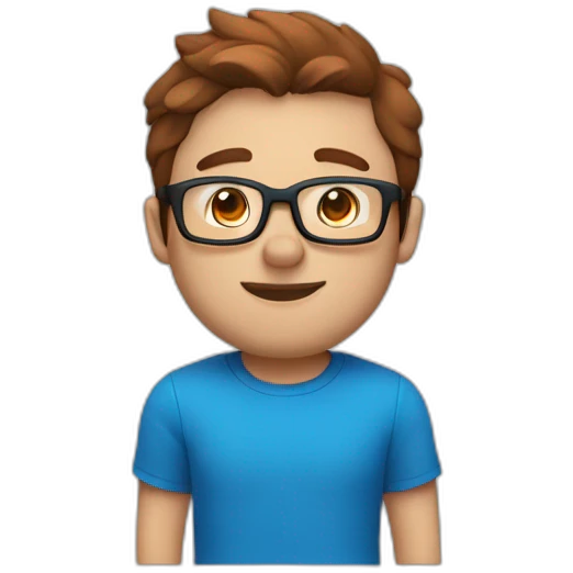 Slightly husky guy with reddish-brown hair a short beardand black glasses in a blue t shirt and blue eyes emoji