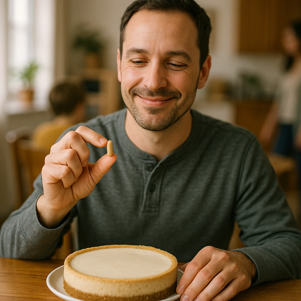 realistic style, person showing a supplement capsule above a cake, satisfied smile, realistic details, family environment emoji