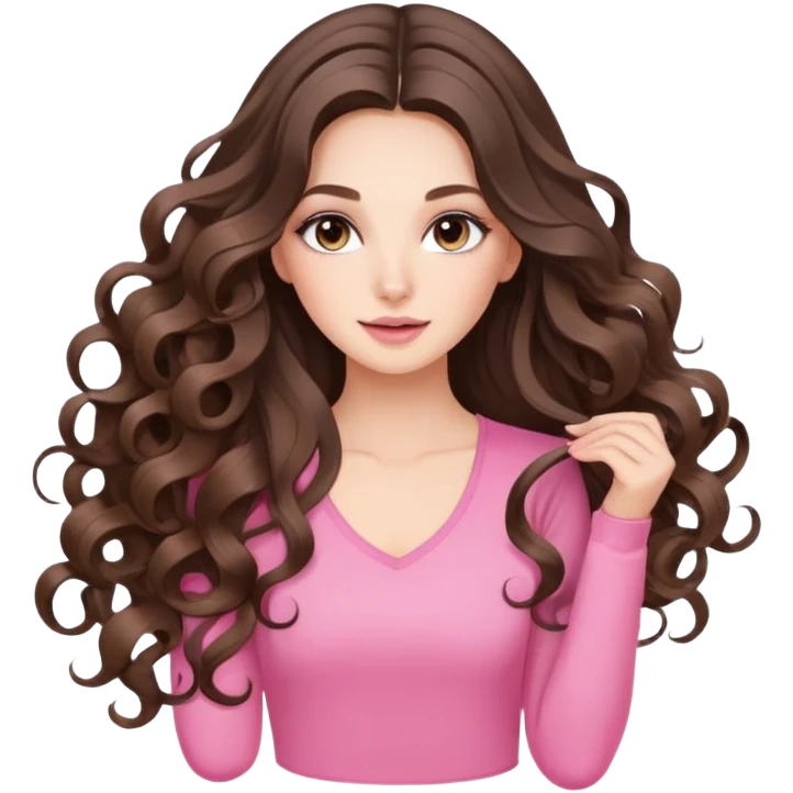 beautiful brunette with a light balayage white girl with nice defined loose and long curls , very long hair, clean girl makeup STRETCHING WITH PINK SET ON emoji