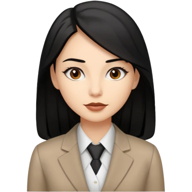 a woman with office outfits her hair is long black hair, her eyes are soft brown color and the color of her lip is soft brown emoji