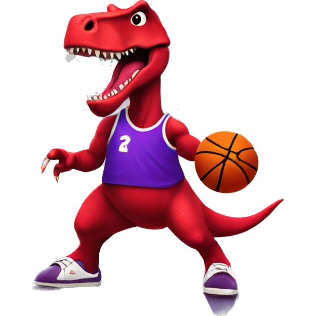 A red dinosaur wearing a purple jersey dribbling a basketball, city skyline in the background emoji