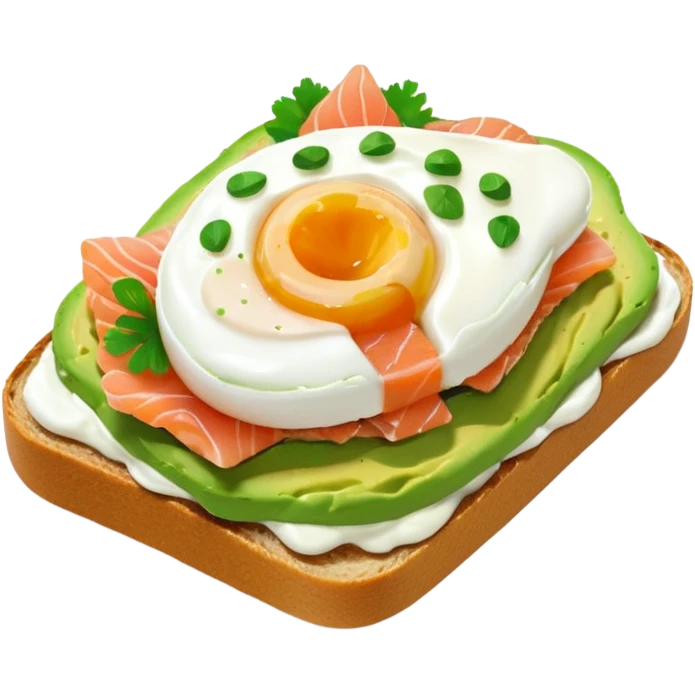 avocado toast with salmon and pachot eggs, green cream emoji