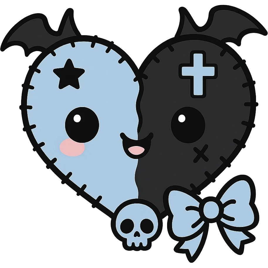 pastel goth heart with baby blue and black, gothic style, kawaii emoji