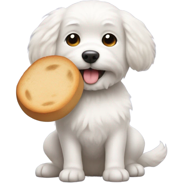 little white dog carrying a round loaf of bread in its mouth emoji