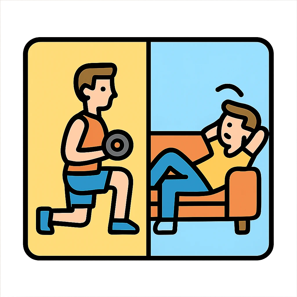 a picture devided into two parts, the first part shows a sportsman doing his workout, the second show a sportsman being lazy emoji