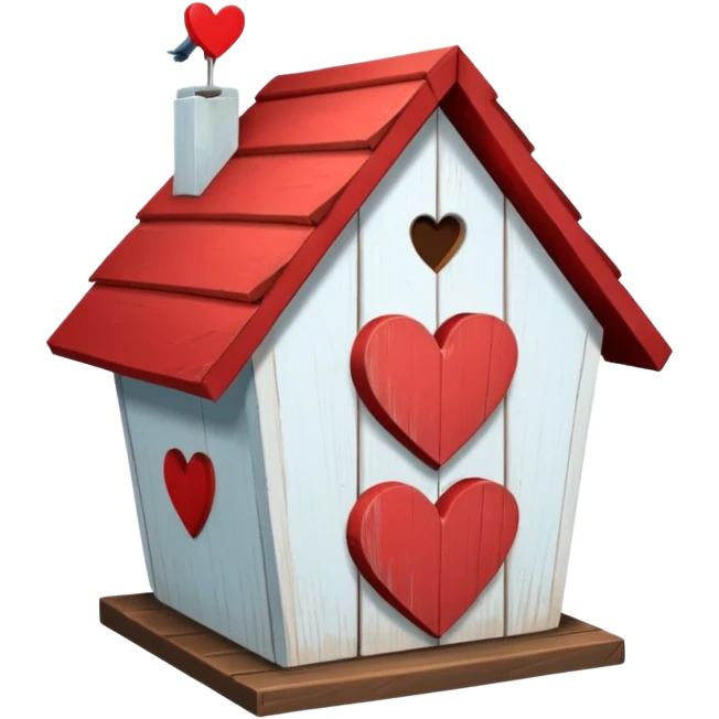 a birdhouse with a red roof with the rest white and a heart at the top but below the roof emoji