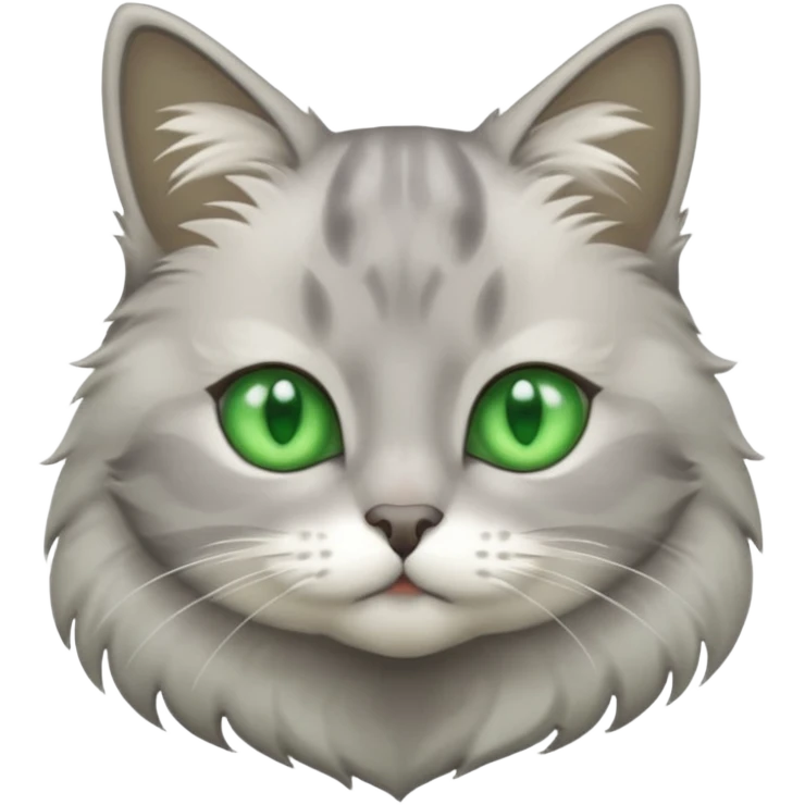 grey cat with green eyes and white stain below the blow emoji