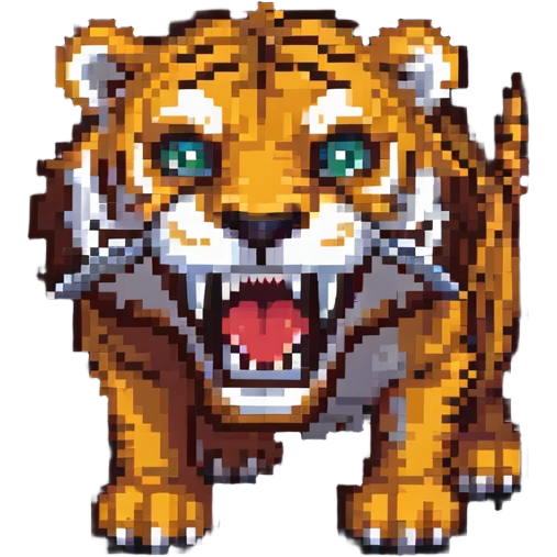 saber-toothed tiger with extremely small body and enormously exaggerated fangs, tiny creature with giant teeth that are much bigger than its whole body emoji
