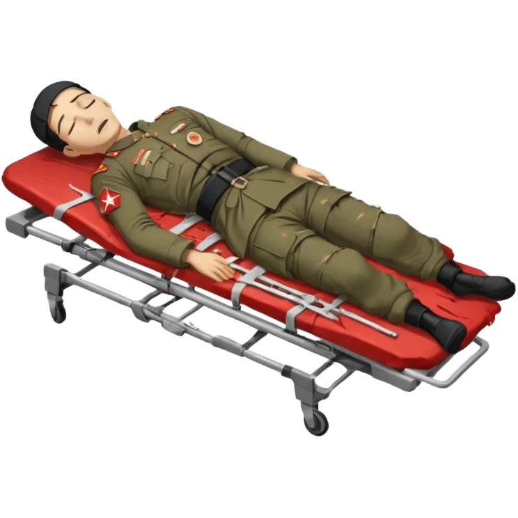 a man of oriental appearance, dressed in torn clothes, full length, with closed eyes, head lying on a stretcher, in a prone position, with injuries on a black military stretcher, 1980 emoji