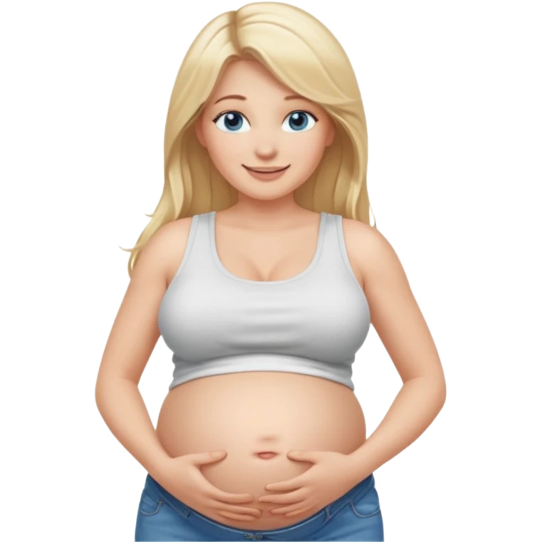 White girl, long blonde hair, white tank crop top, smiling, bare midriff, blue eyes, huge round pregnant belly, jeans. emoji