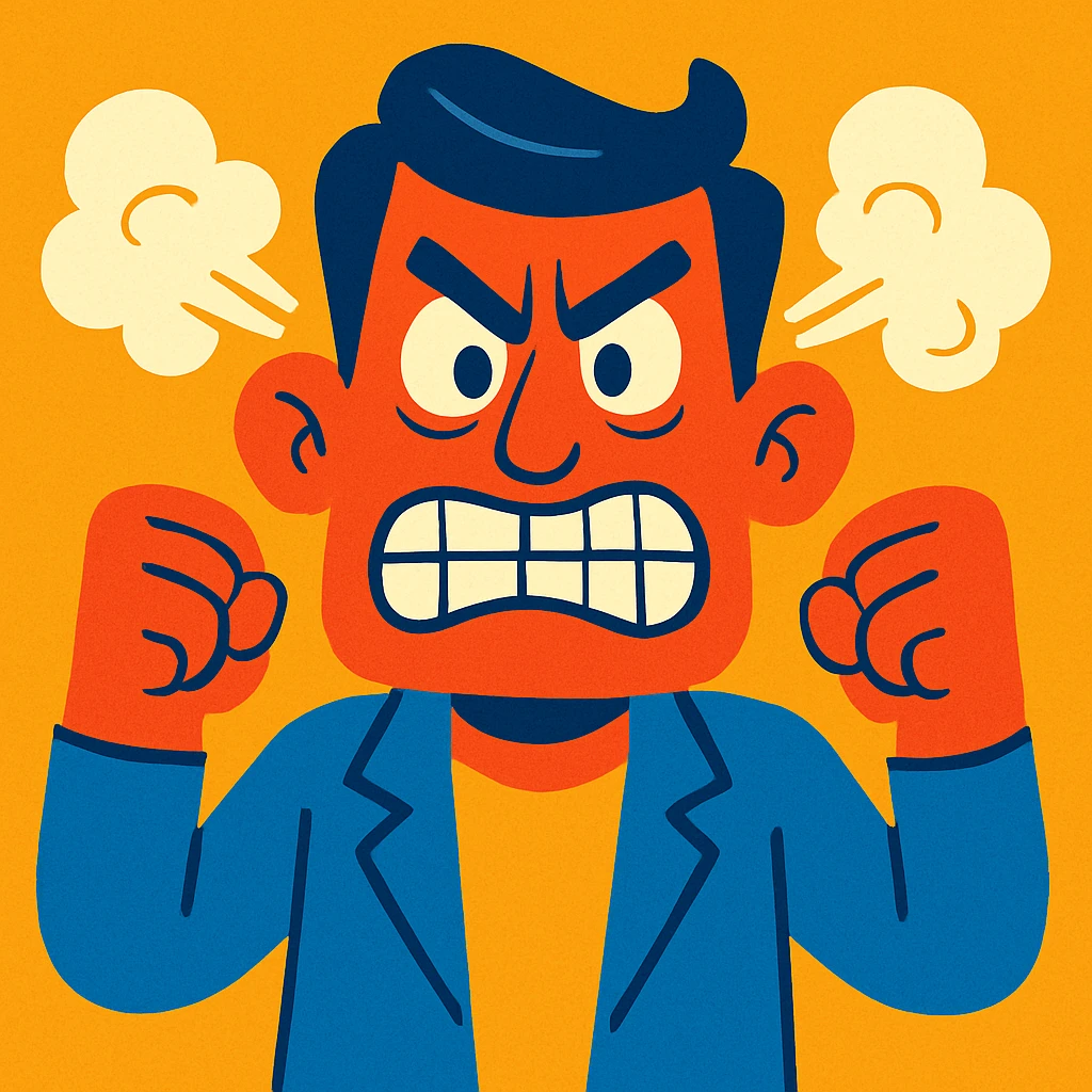 frustrated man, cartoon style, steam coming from ears, exaggerated expression emoji