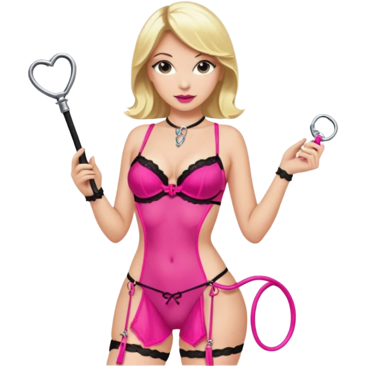 Dominatrix with blonde hair in hot pink lingerie with stockings, holding a whip and a key emoji