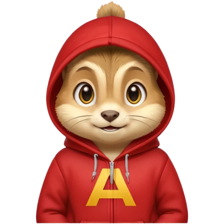 Portrait of a cartoon chipmunk with light brown and beige fur, wearing a red hoodie no zip with a yellow 'A' on it, big round eyes, small nose, and a mischievous grin, front-facing, stylized in animated movie style emoji