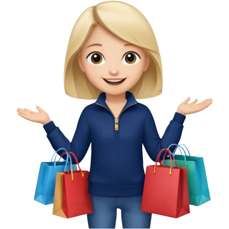 A little girl (he usually calls her baby), who is obsessed with shopping and luxury brands and holds a dozen of bags, she wears navy blue half zip sweater and holds 10 bags emoji