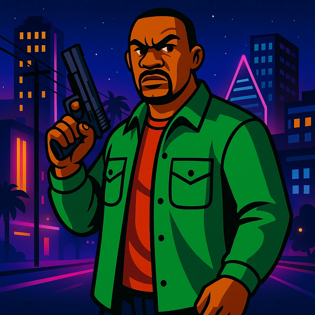 Change background to a vibrant night city, keep GTA character with gun in foreground. Maintain the original style and details of the character while updating the background to a vibrant night cityscape. emoji