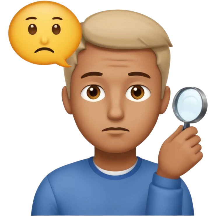 Realistic emoji-style man in simple everyday clothes, looking thoughtful and analytical. A thought bubble above his head shows a critical-thinking icon (question mark + magnifying glass). Soft lighting, expressive critical facial expression. emoji
