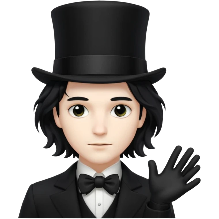 Male Goth with Top short Hat
 Wavy shoulder-length hair, white skin, black suit and gloves, pale skin tone,  emoji
