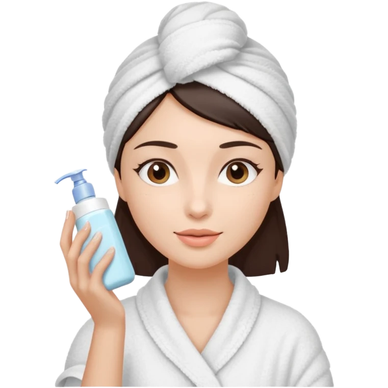 Uma mulher de toalha na cabeça pq ela acabou de sair do banho. A pele é branca/clara e cabelo marrom escuro, cabelo liso.  Ela tá com um hidratante nas mãos,  pq ela vai cuidar da pele emoji