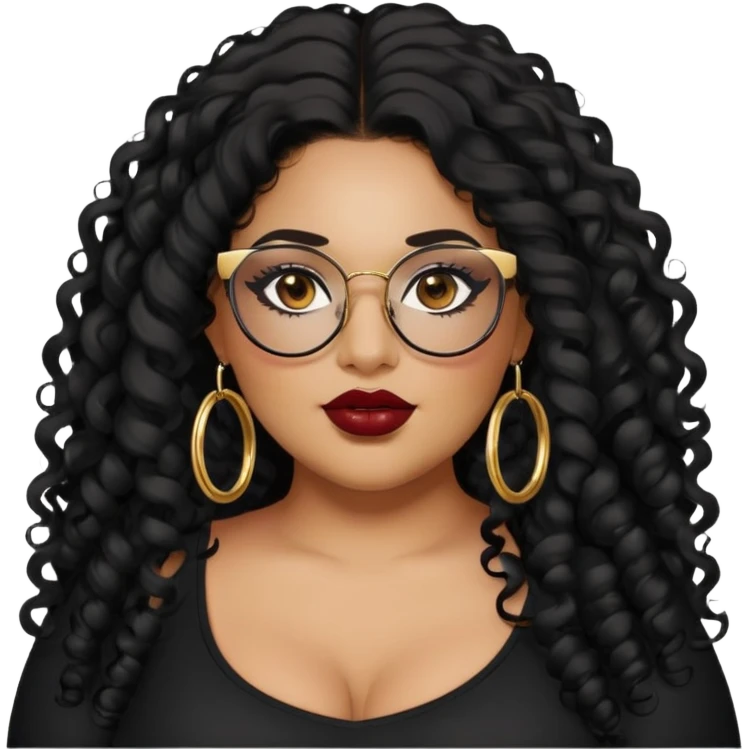 big plus size, latina, darker tan skin, gold hoops, long black curly hair, baddie,pretty, makeup, dark red lipgloss, black eyeliner, long hair, black top, black glasses emoji