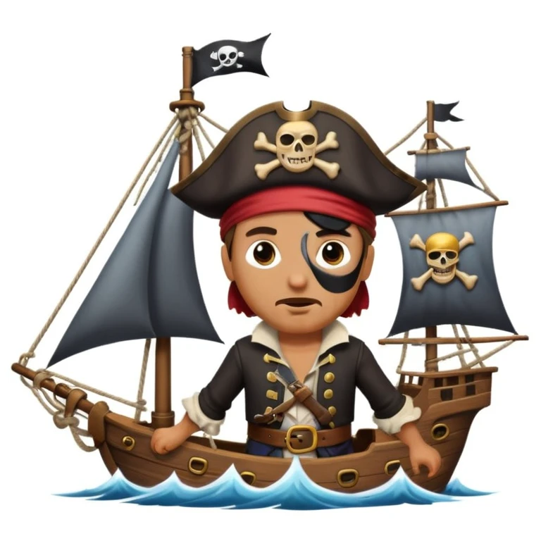 pirate with eye sailing a ship in strome sea background emoji